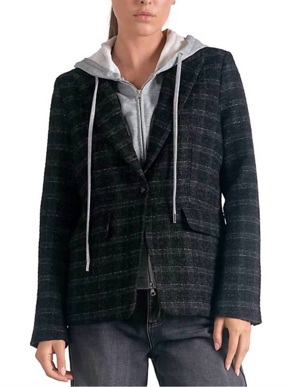 ELAN Harper Women's Plaid Long-Sleeve Layered Blazer Hoodie Size M